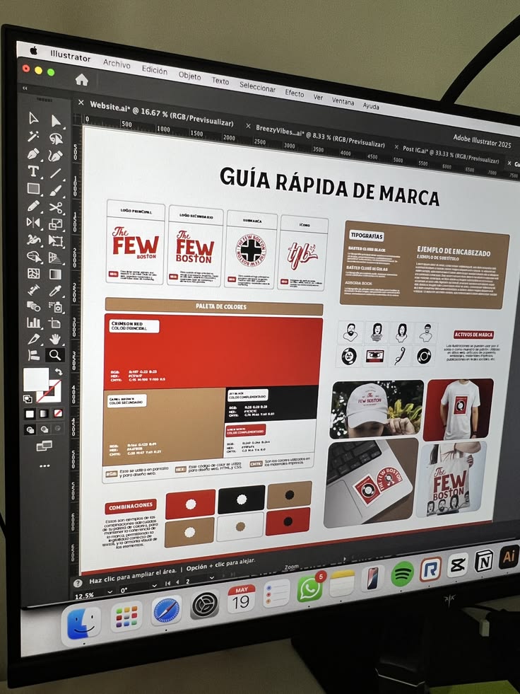 Guía de marca abierta en Illustrator con logo, paleta y tipografías