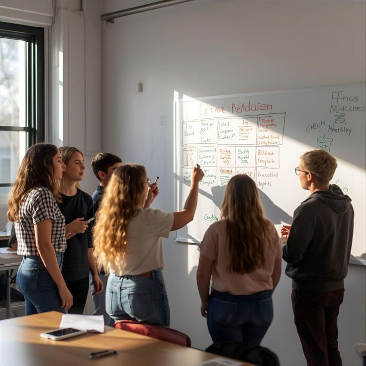 Equipo planificando una grilla de contenidos en una pizarra