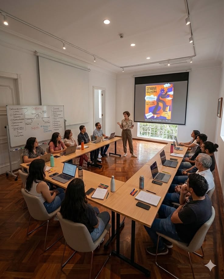 Grupo de personas reunidas escuchando una charla