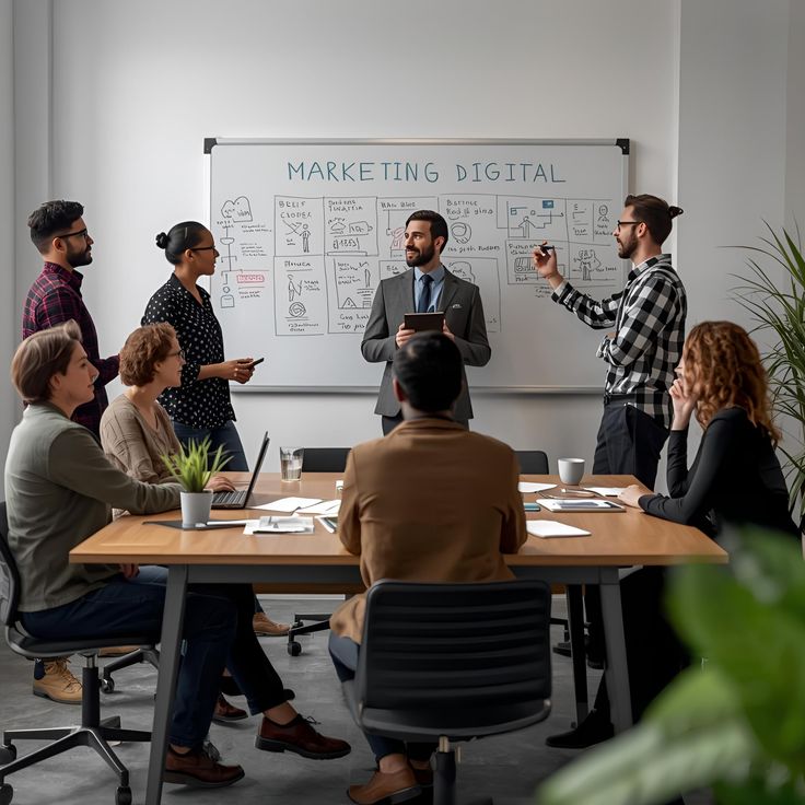 Reunión estratégica frente a una pizarra de marketing digital